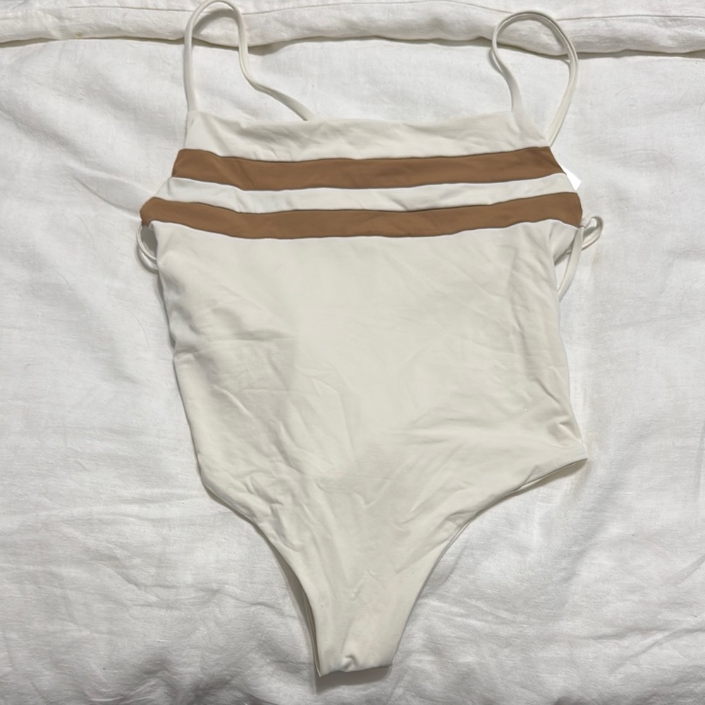 L*SPACE Cream and Brown Striped Swimsuit